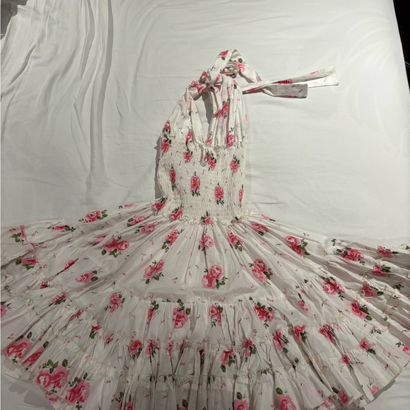 CB Positano Dresses & Skirts - Floral Smocked Mini Dress - White with Pink Rose Print